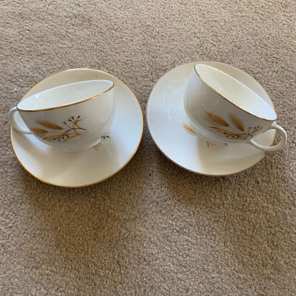 2 Vintage Brown & Yellow Wheat Tea Cups and Saucers